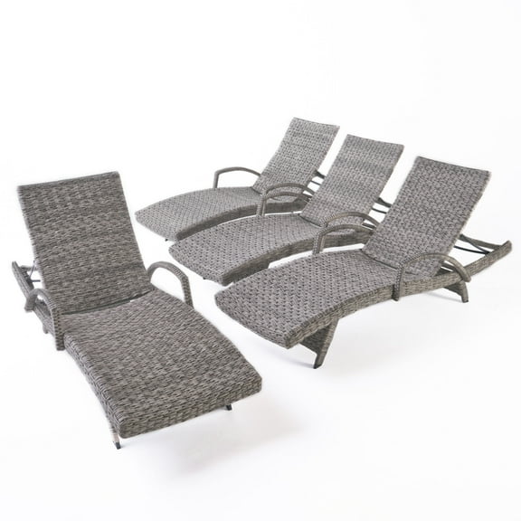 Keira Outdoor Armed Aluminum Framed Wicker Chaise Lounge, Set of 4, Grey
