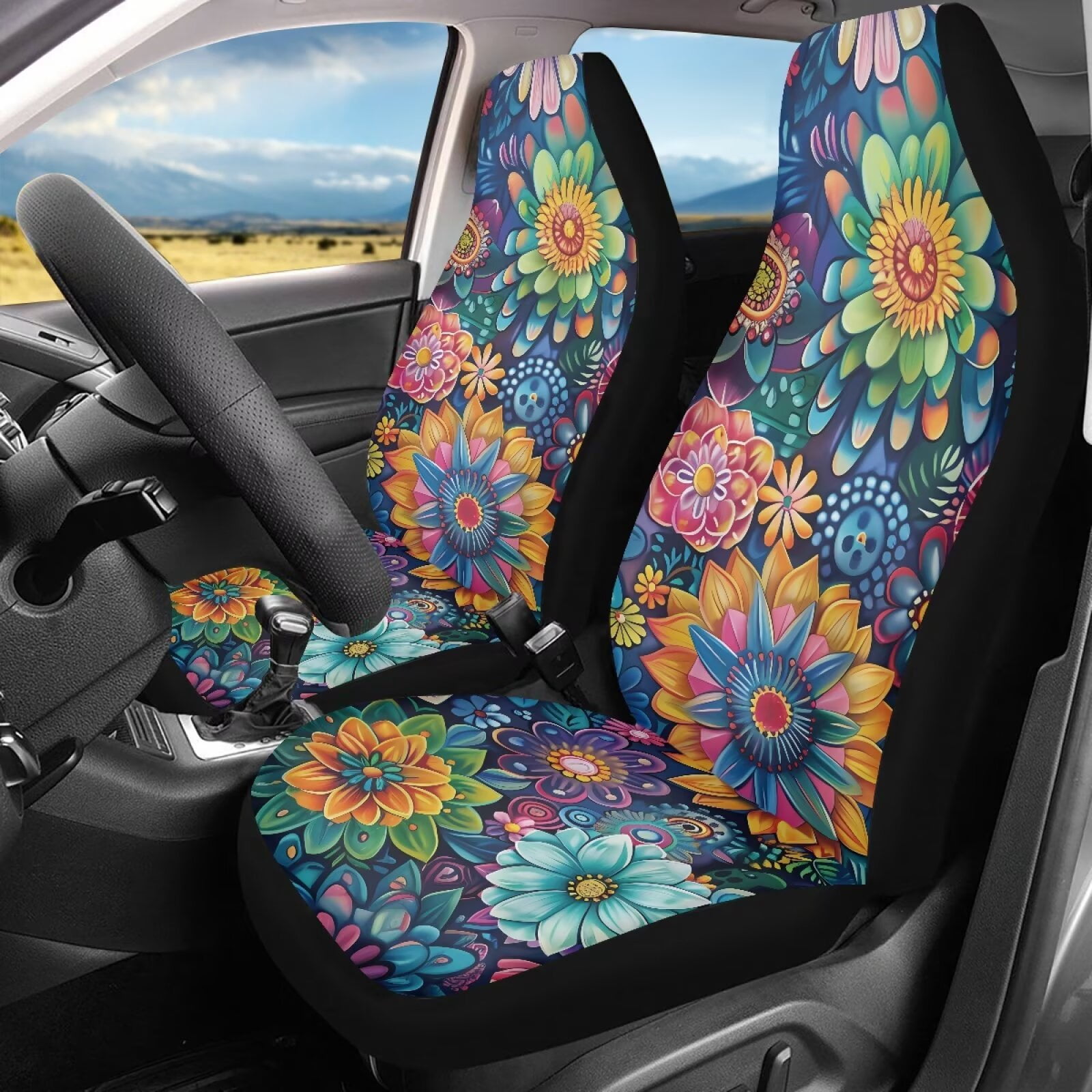 Uorisanigo Boho Floral Car Seat Covers for Women Waterproof Front Seat Covers Auto Interior Accessories 2 Pcs Set Easy to Install Universal Fit Most Cars,SUV, Trucks