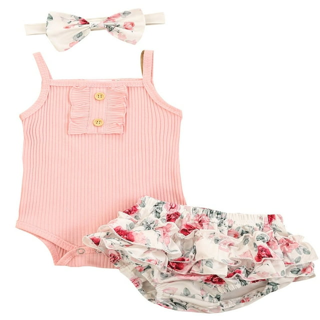 Ensembles pour Bébé Barboteuse Côtelée Sans Manches Shorts à Fleurs Bandeau Nœud