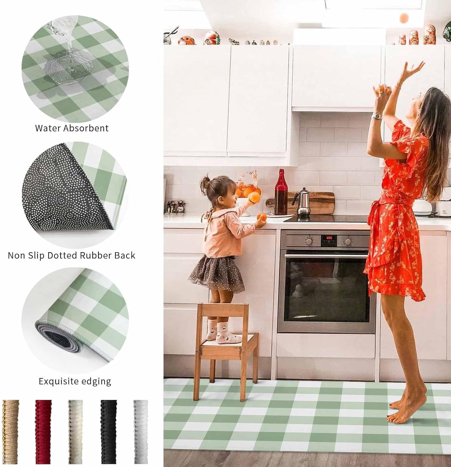 Easter Kitchen Rugs and Mats 2 Pieces Sage Green Buffalo Plaid Runner Rug Sets Check Soft Comfort Standing Kitchen Mats for Floor Absorbent Area Rugs Carpet Farmhouse Cushioned Doormat Home Decor