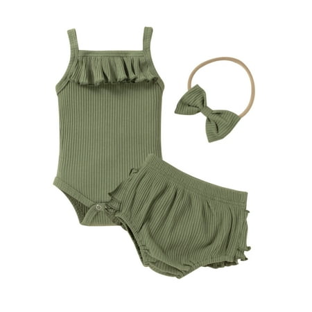 

DNDKILG Toddler Baby Girls Summer Clothes Set Outfits Ruffle Bodysuit and Shorts Set Sleeveless with Headband Green 80