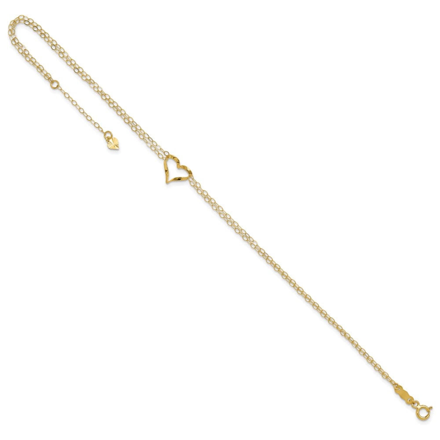 Finest Gold Double Strand Heart 14K Yellow Gold Anklet, 9 Inches, Adjustable