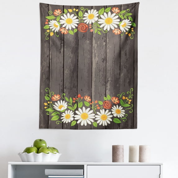 Spring Tapestry, Romantic Floral Graphic Design Wild Flowers on Grunge Rustic Backdrop, Fabric Wall Hanging Decor for Bedroom Living Room Dorm, 5 Sizes, Taupe Grey Green Salmon, by Ambesonne
