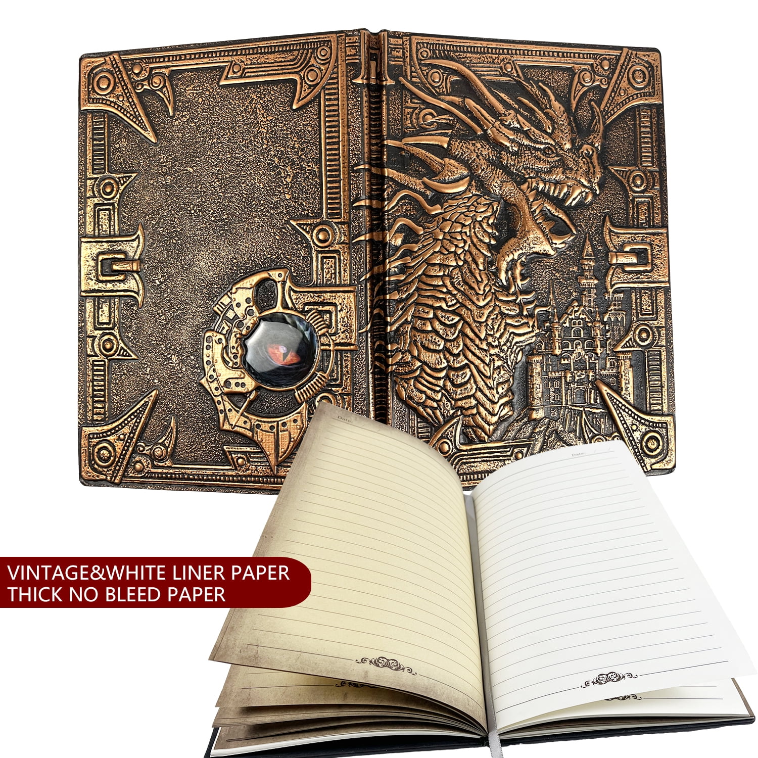 DND Notebook / Journal, with 3D Bronze Dragon Embossed Faux Leather Cover Ideal for Dungeons & Dragons / D&D. Great RPG Accessories Nerdy Fantasy Gift for DM's & Players, Men or Women. Red Copper