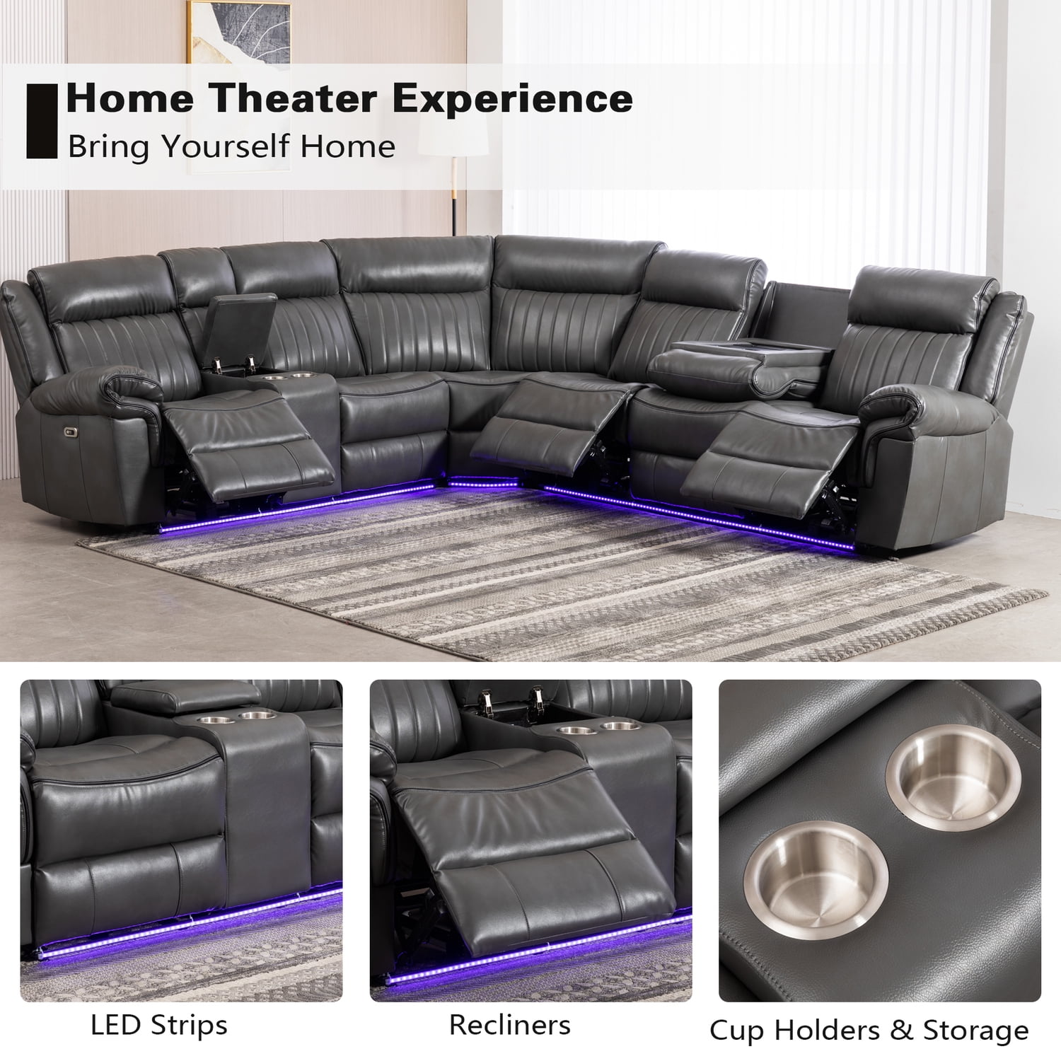Hybition Power Reclining Sectional Sofa PU Leather L-Shaped