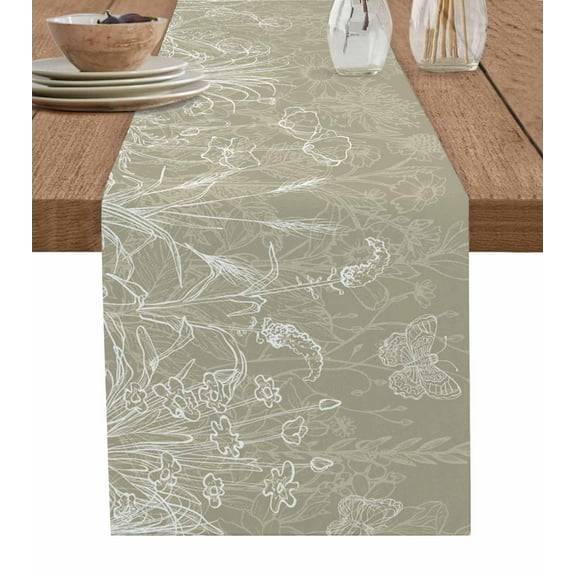 Table Runner Dresser Scarves 60 Inch Long,Minimalist Sketch Flower Butterfly Leaves Linen Dining Table Runners Abstract White Stripe on Khaki Tabletop Scarf for Wedding Holiday Party Kitchen