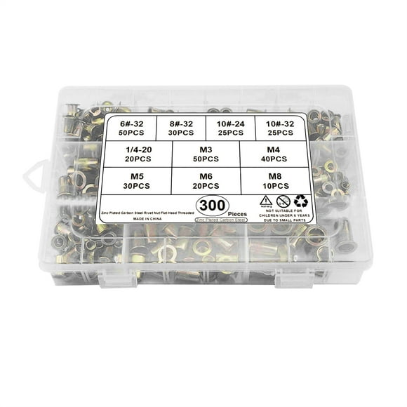 Yeacher 300Pcs Assorted Rivet Nut Set 6-32, 8-32, 10-24, 10-32, 1/4-20, M3, M4, M5, M6, M8 Mixed Zinc Plated Carbon Steel Flat Head Rivet Nut Kit