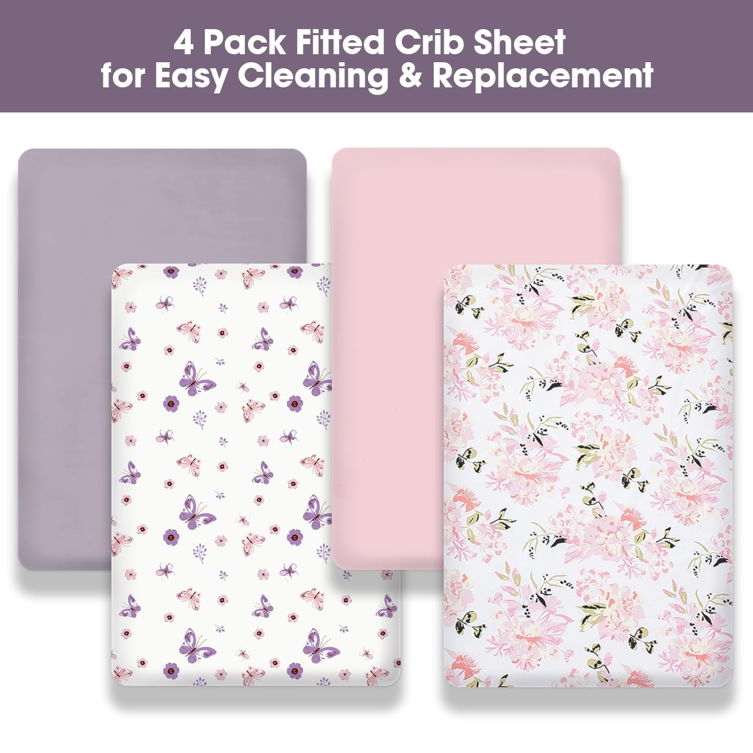 Little Grape Land Crib Sheets for Baby Girls 4 Pack, 28"x 52" Extra Soft Microfiber Crib Sheet Set for Standard Crib & Toddler Mattress Pad, Butterfly