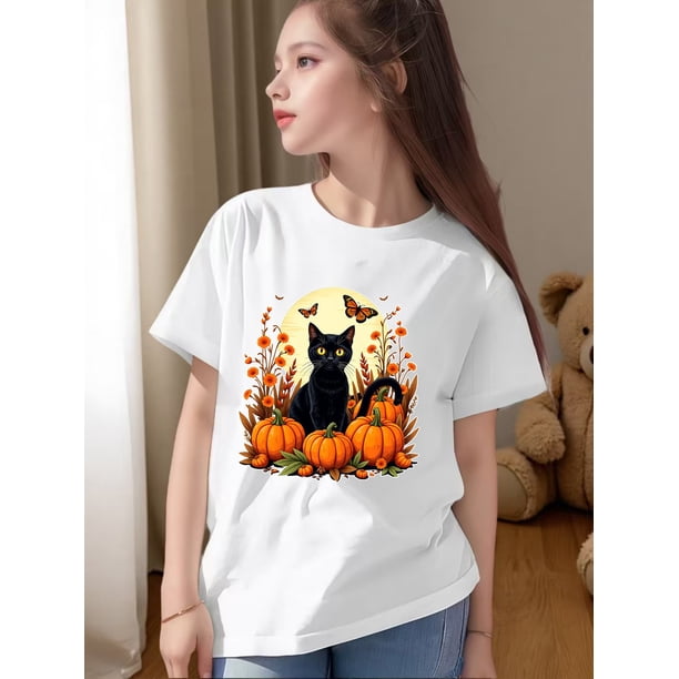 Halloween T-shirt - Girls' Halloween Black Cat & Bat Print T-Shirt - Soft Breathable Knit Short Sleeve Round Neck Top with Spooky Bats, Witches & Pumpkins Design - Youth Fashion for Teens &am
