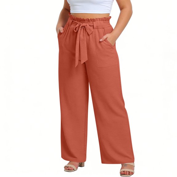 Xdegoge Plus Size Pants Women Elastic High Waist Trousers Featuring Self Tie Belt Wide Leg Flowy Summer Beach Dressy Casual Lounge Bottoms with Deep Side Pockets