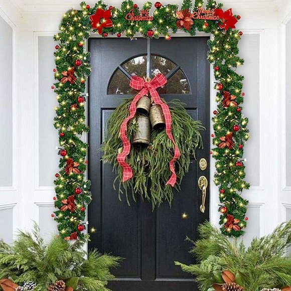 270cm Christmas Garland, Christmas Garland with Lights, Outdoor Christmas Garland, Pre-lit Christmas Garland for Interior Decoration, FireplArtificial Christmas Garland, Green, Christmas Collection
