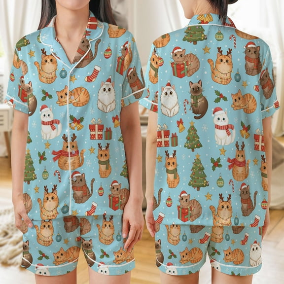 Lotusprinthandmade Cute Cat Christmas All-over Print Satin Short-Sleeve Pajamas Set (No Pocket) (S), family cat pajama set, holiday cat sleepwear
