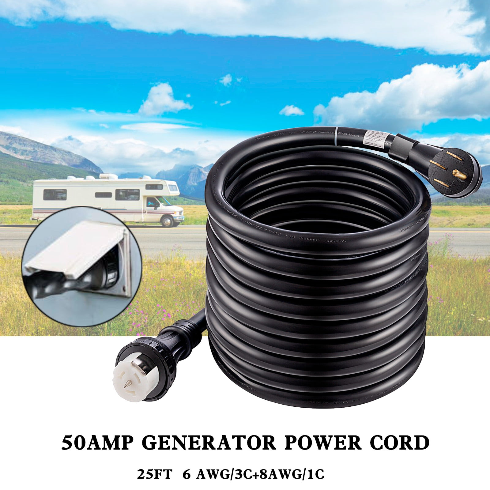 TOPTENG Mrolife 50 Amp Generator Cord 25FT with Power Inlet Box, Generator Power Cord,Heavy Duty STW 6/3 + 8/1 Power Cord UL Listed Power Cord NEMA14-50P/SS2-50R & CS6364 Twist Lock Home