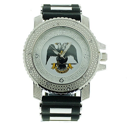Scottish Rite Masonic Watch - Black Silicone Band Silver Tone Face - 32nd Degree