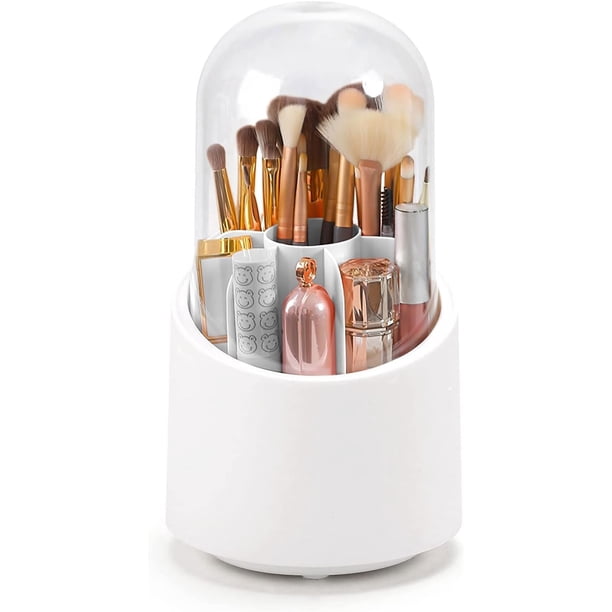 Organizador de Brochas de Maquillaje con Tapa Giratorio, Resistente Al Polvo (Blanco)