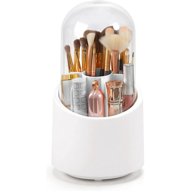 Organizador de Brochas de Maquillaje con Tapa Giratorio, Resistente Al Polvo (Blanco)