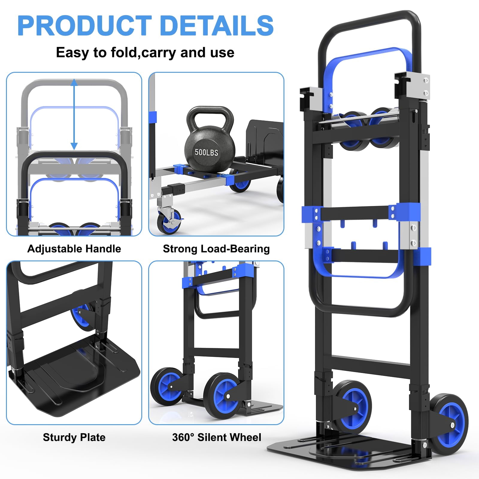 Yacona 3-in-1 Folding Hand Truck, Foldable Dolly Cart with Wheels Heavy Duty, Convertible Hand Cart for Moving with Retractable Handle, Blue