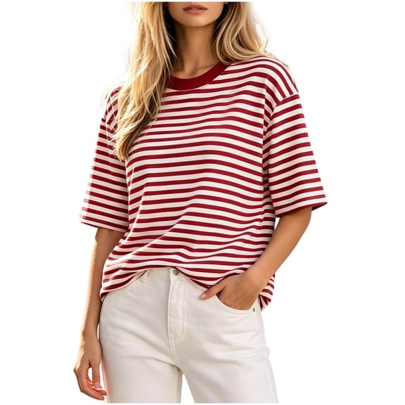 Lmnyox Striped T Shirt for Women Half Sleeve Round Neck Trendy Pullover Tee Fashion Loose Basic Summer Tops Outfits