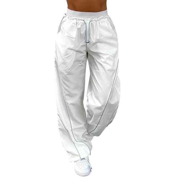 EDFBUYKRS Female Women Pants Casual Graphic Sweatpants Women Baggy Women's Loose Cargo Pants Retro Pocket Low Waist Drawstring Pig Nose Buckle Slim Straight Woven Casual Pants S