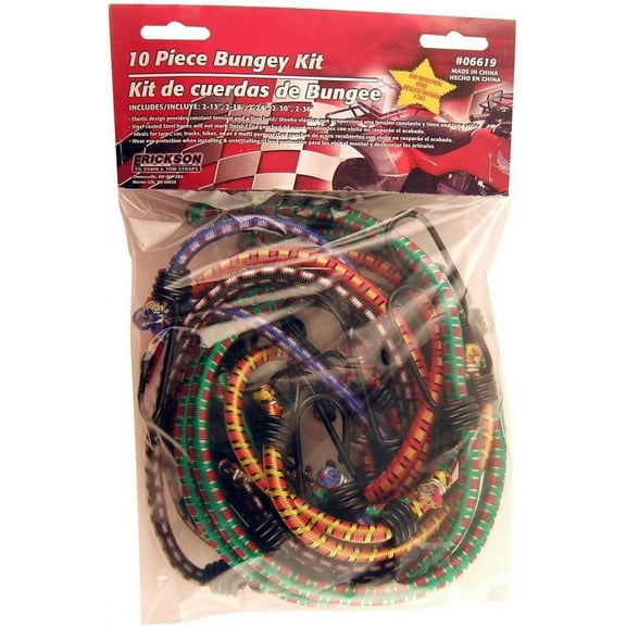 Erickson Bungey Cord Assortment - Adjustable, Assorted Length Rubber Bungee Cords - Pack of 10