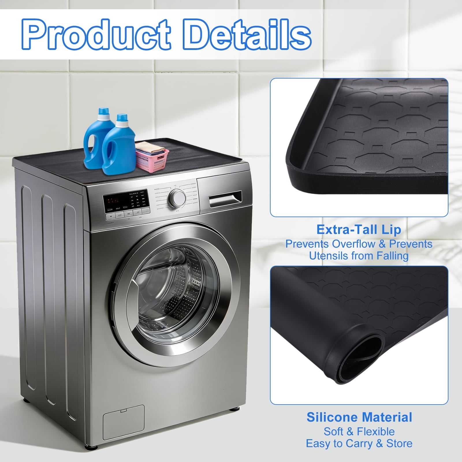 Uxcell Washer and Dryer Top Protector Mat (19.7" x 19.7") - Non-Slip Heat-Resistant Leak-Proof Washable, Silicone Washing Machine Top Cover Pad for Home/Kitchen/Laundry Room, Black