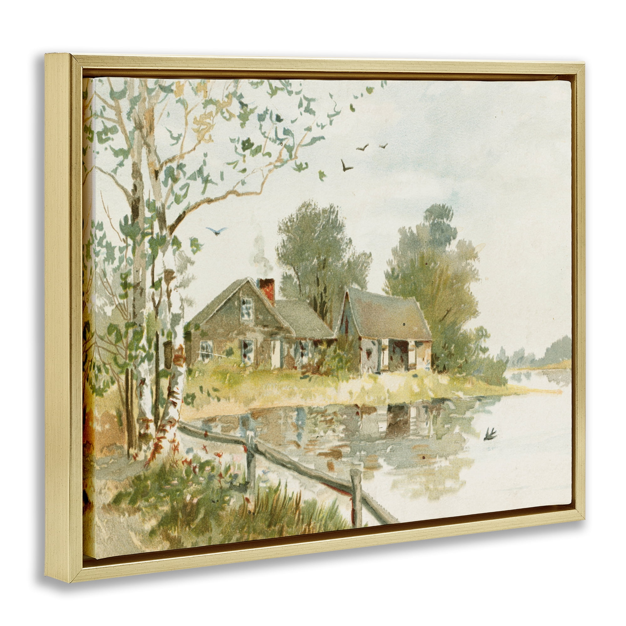 Cabin Along River's Edge Gold Framed Floater Canvas Wall Art, design by Lettered and Lined