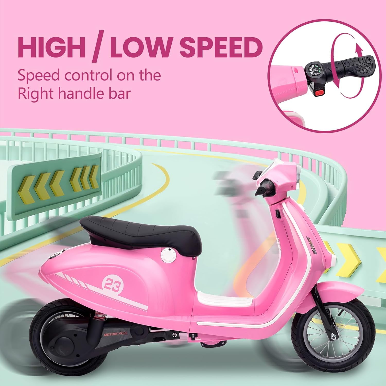 Trilenars 24V 350W Electric Moped Scooter for Kids, Kids Ride on Motorcycle, Max Up to 14MPH, with Rear Brake, Twist Grip Throttle & LED Light, Electric Motorbike for Teens 8-12,Pink