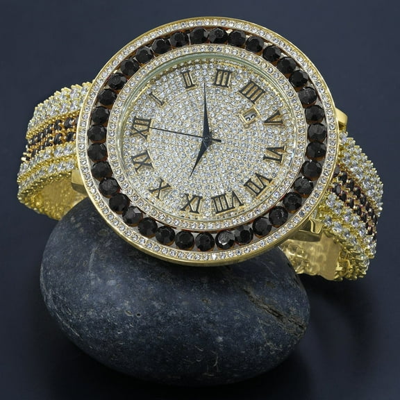Roman Numeral Dial Big Face Black Onyx Simulated Diamond Gold Finish Mens Jo Rodeo Adjustable Size Band Custom Watch