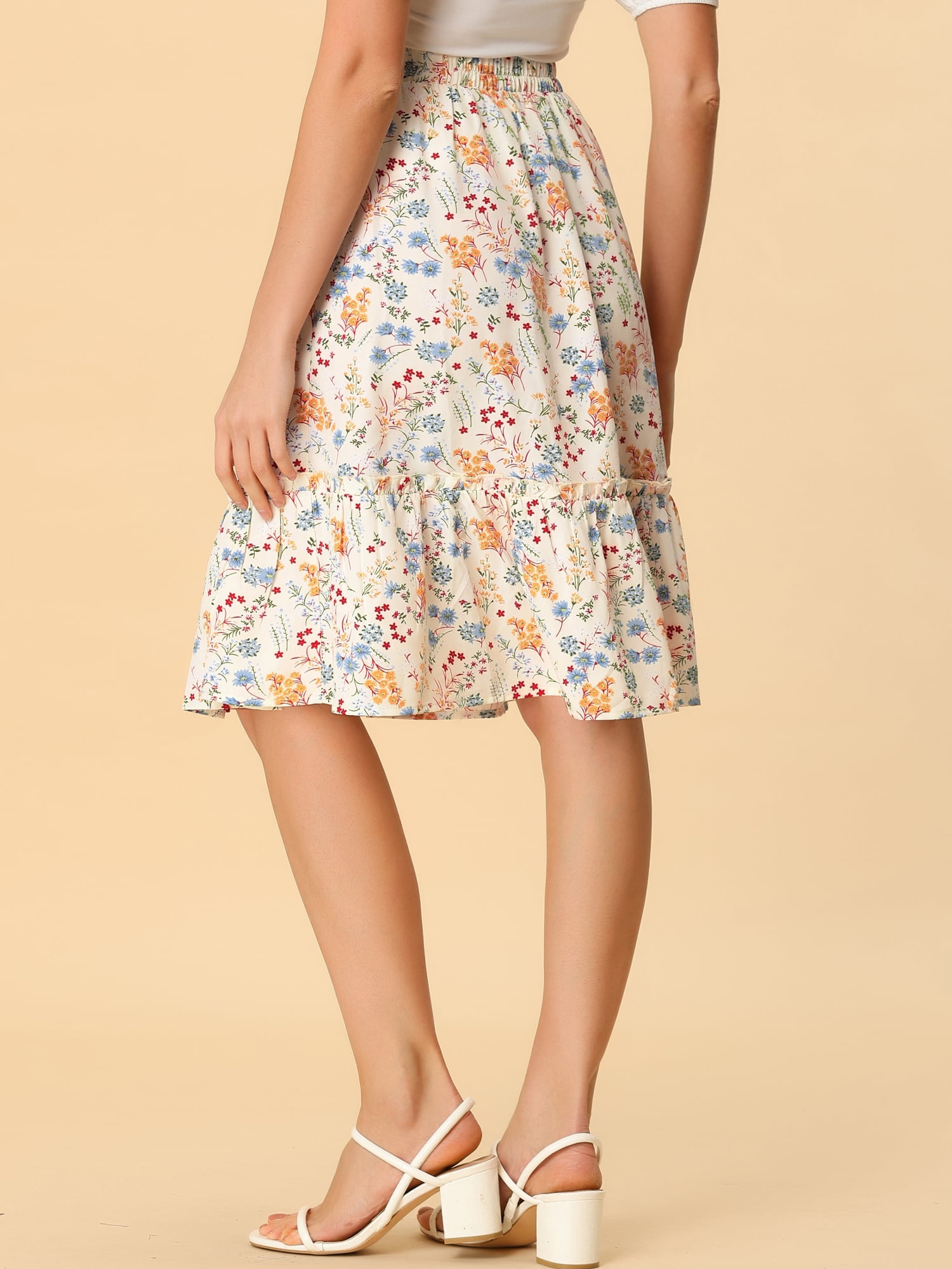DARING DIVA Women's Flowy Ruffle Hem Tiered Floral Midi Skirt M White