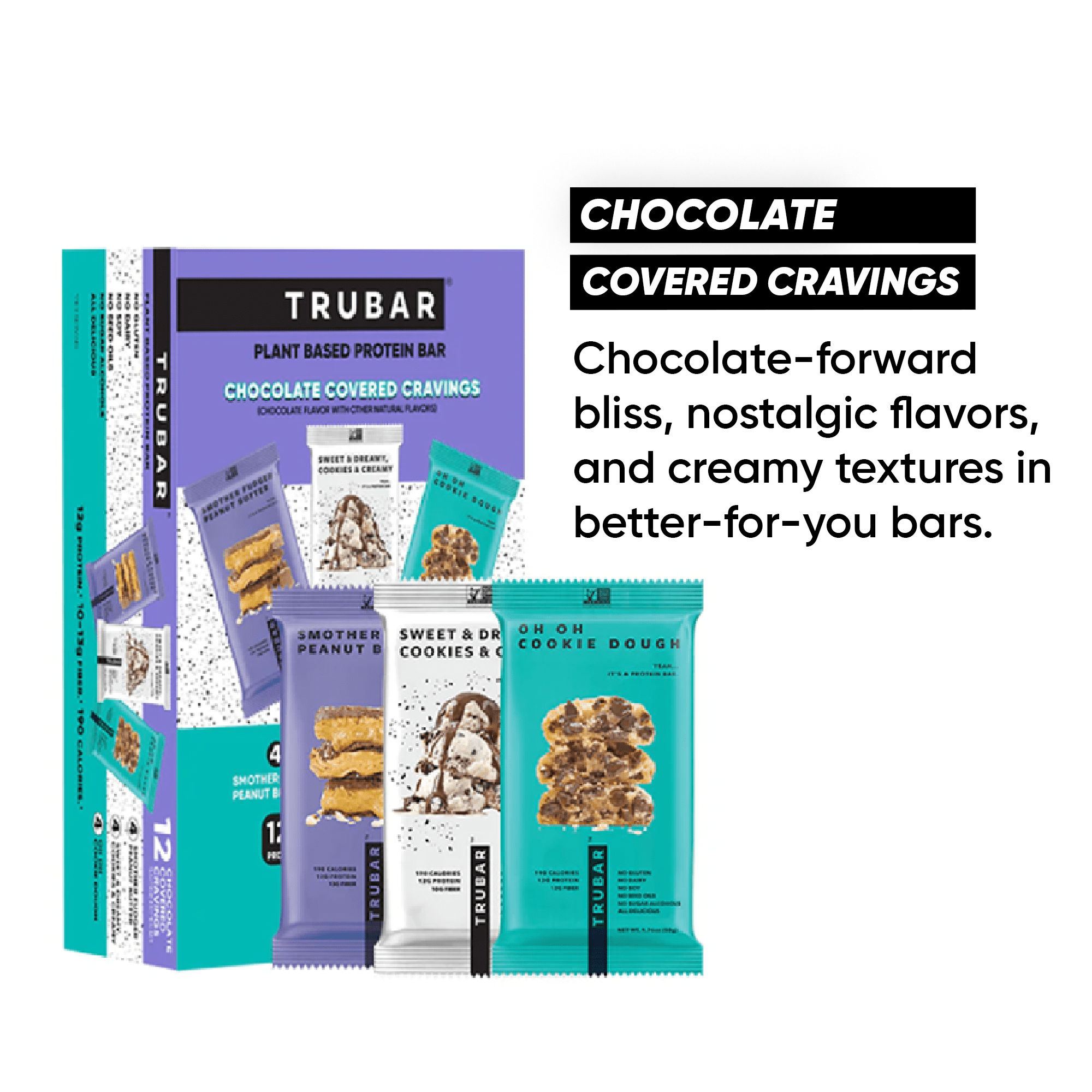 TRUBAR Protein Bar, Chocolate Covered Cravings Variety Pack, Plant Based Protein, Vegan, Gluten Free, Kosher, 12 Count