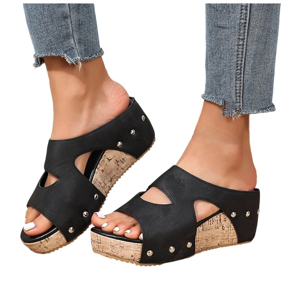Rokment Women's Vintage Platform Wedge Slip on Walking Sandals Comfortable Leather Studded Open Toe Chunky High Heels Backless Half Slippers Hollow out Dress Slides Beach Summer Mules Black Size 6.5