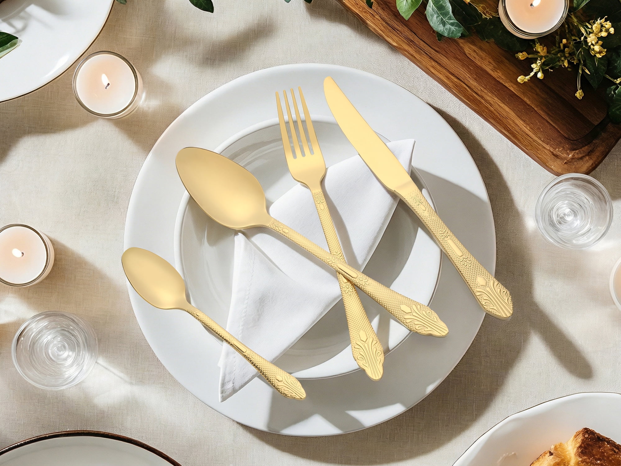 Unique Bargains 4 Piece Silverware Set Stainless Steel Floral Flatware Set Gold 4