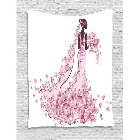 Butterfly Tapestry Wall Hanging - Wedding Decorations Tapestry, Flowers Hearts Butterflies on Wedding Dress Bridal Gown, Wall Hanging for Bedroom Living Room Dorm Decor, 60W X 80L Inches, Light Pink Maroon White, by Ambesonne