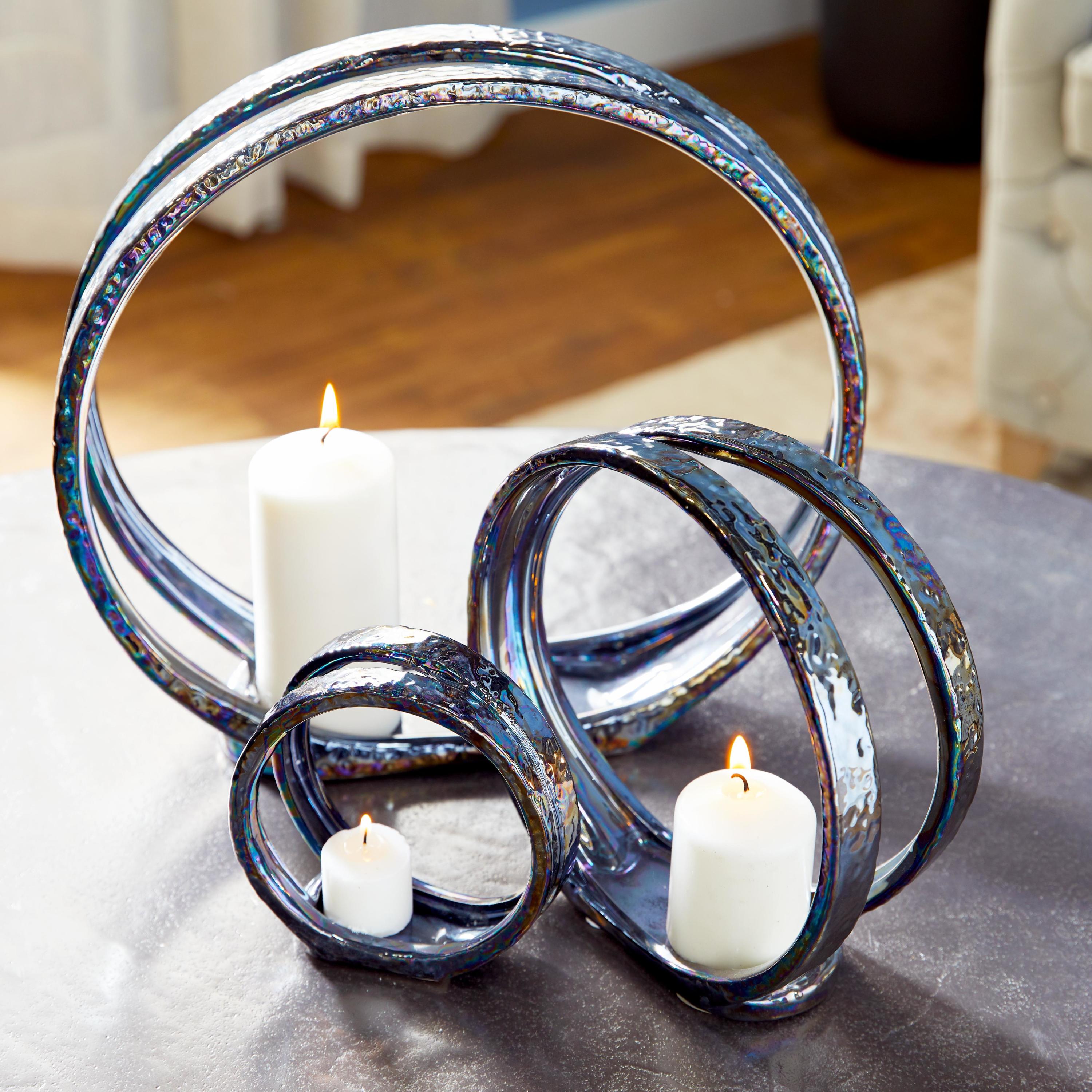 DecMode 3 Candle Silver Ceramic Pillar 3 Plate Candle Holder, Set of 3