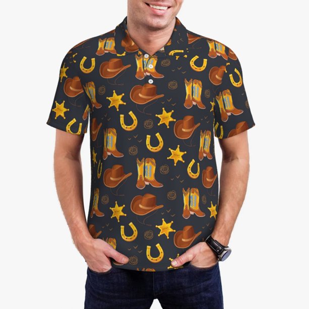 Fotbe Wild West Golden Horseshoe Camiseta Polo de Golf para Hombre con Estampado – Camisa Deportiva Transpirable con Cuello Abotonado-X-Large