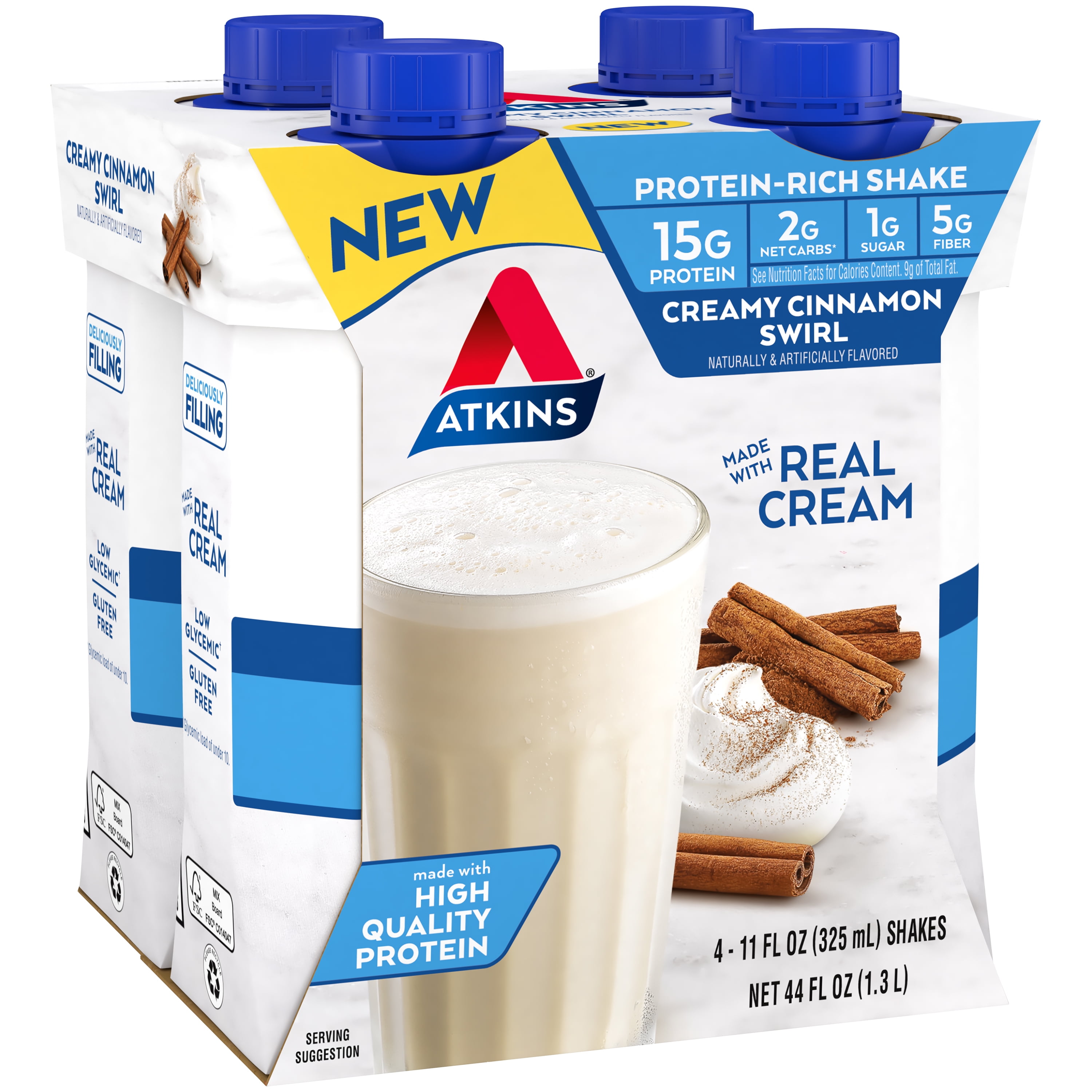 Atkins Protein Shake, Low Glycemic, High Protein, Creamy Cinnamon Swirl, 4 Count