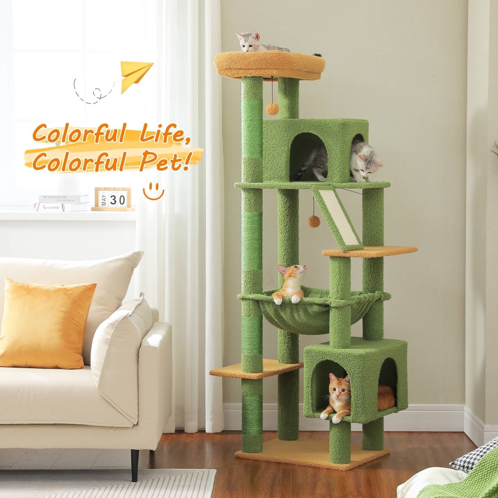 PEQULTI 71'' Large Cat Tree Tower Multi-level Cat Tree with Dual Spacious Condos Indoor Green