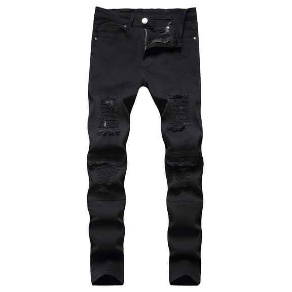 Mens Casual Wash Distressed Ankle Jean Pant Straight Slim Ripped Pencle Denim Pant Buckle Button Zipper Trousers with Pockets