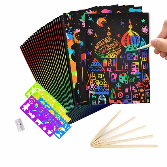 TureClos Scratch Art For Kids, 50 Sheets Rainbow Scratch Paper Arts And Crafts For Kids Black Magic Scratch Art Notes Paper Boards With 5 Wooden Stylus And 4 Drawing Rulers And 1 Pencil Sharpener
