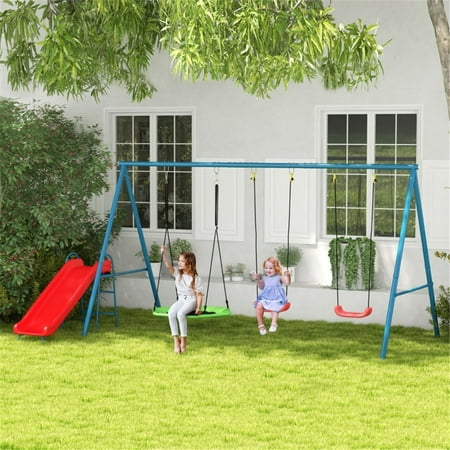 Outdoor Swing Set with Slide Metal Backyard Playset Swing Set with Spinning Nest Swing and Swing Seats for 3-8 Years Old Gils Boys