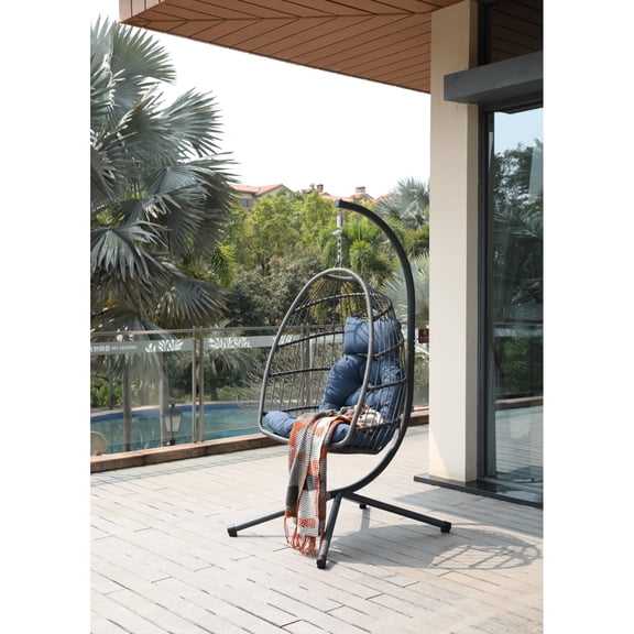 Blue Cushion Egg Chair with Stand, Outdoor Wicker Hanging Swing Chair with Cup Holder, Removable Guardrail and Cushions, Suitable for Balcony, Indoor and Outdoor Universal Leisure Hanging Basket No.9