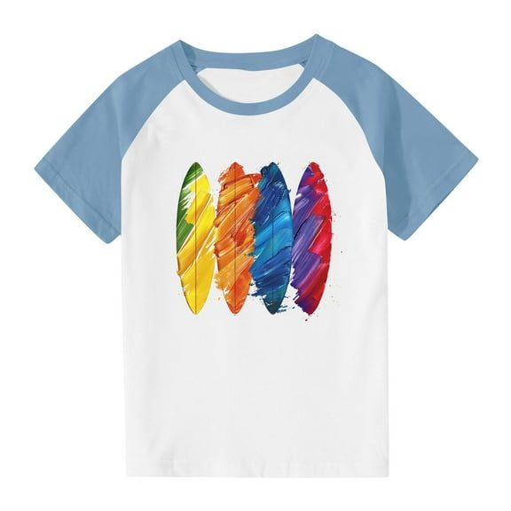 TEAJOPSUU 3-15 Years Boys Girls Tshirt Casual Raglan Tees Crew Neck Tunic Top Summer Soft Cute Rainbow Stripes Short Sleeve Blouse B-Light Blue