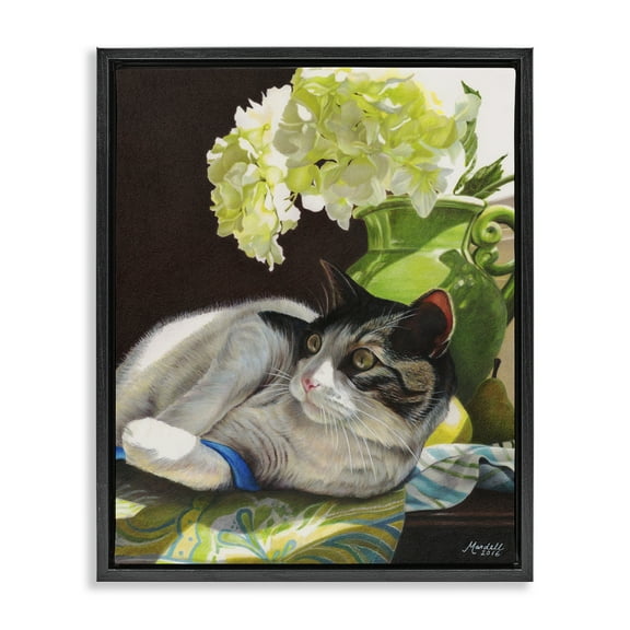Stupell Industries Cat & Blue Ribbon Animals & Insects Painting Black Floater Framed Canvas Art Print Wall Art, 17 x 21