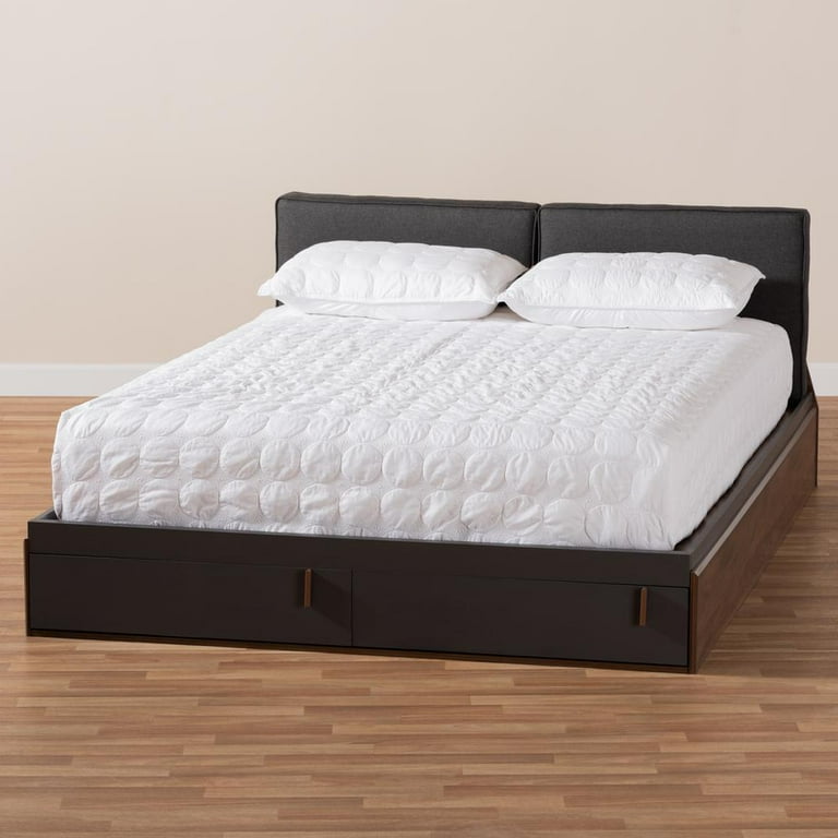 Baxton Studio Rikke Modern and Contemporary Two-Tone Gray and Walnut Finished Wood Queen Size Platform Storage Bed with Gray Fabric Upholstered Headboard Baxton Studio Rikke Modern and Contemporary Two-Tone Gray and Walnut Finished Wood Queen Size Platform Storage Bed with Gray Fabric Upholstered Headboard