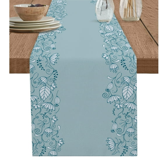 Table Runner Dresser Scarf 14 x 72 Inch Ethnic Style Simple Flower Light Blue Table Runners Non-Slip Heat Kitchen Dining Table Decor for Indoor Outdoor Home Party Decoration