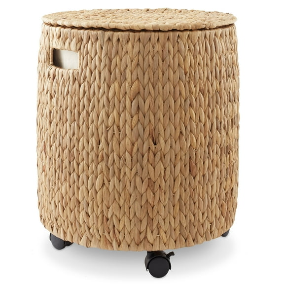 Casafield Rolling Storage Basket - Natural, Handwoven Hyacinth Rolling Hamper with Lid, Storage Bin on Wheels for Living Room, Bathroom, Laundry