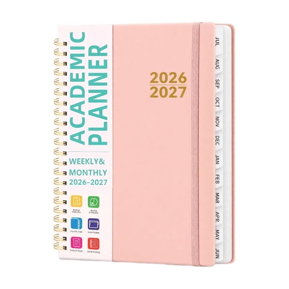 2026-2027 Academic Planner Weekly and Monthly, Pink Hardcover Spiral Bound Agenda with Monthly Tabs, Elastic Closure School and Office Organizer Notebook