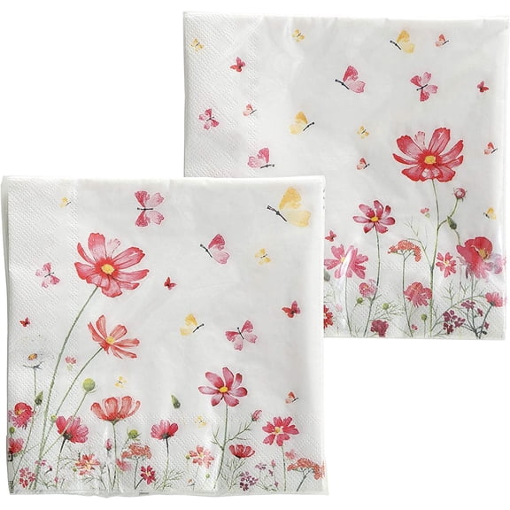 40 Count Meadow Flower Garden Napkins, 2 Packs of 20, 3 Ply Paper, Luncheon Size 6.75 x 6.75 Inches, Food Safe Inks