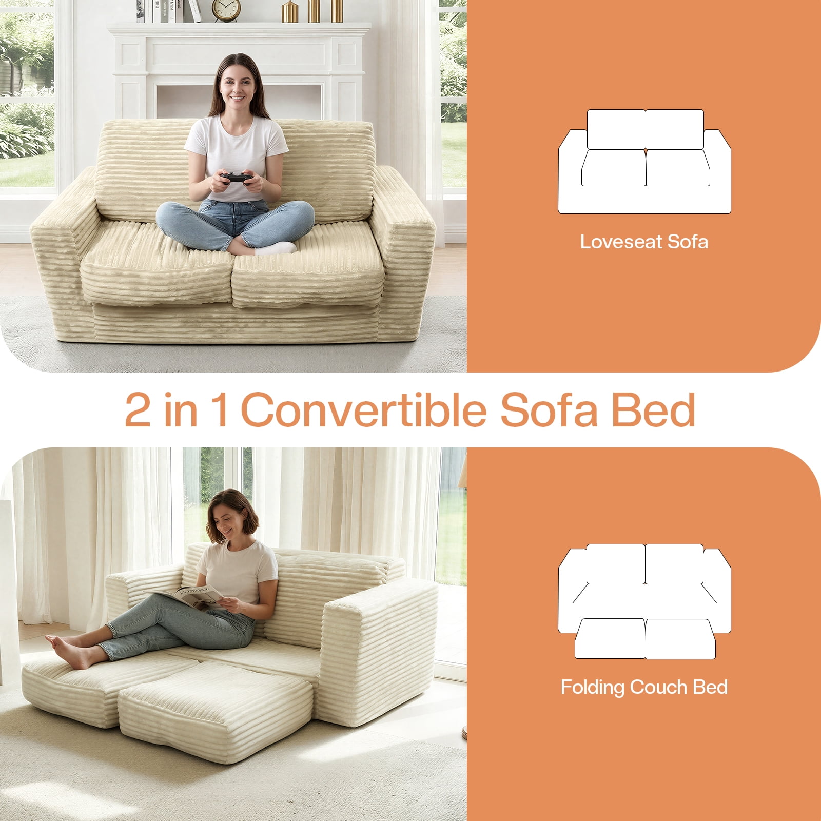 Kelyda 61''Boneless Loveseat Sofa, Modern Cloud Convertible Sofa Bed Couch Sleeper Chairs for Living Room Beige