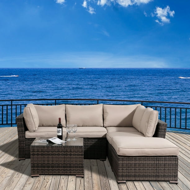 Outdoor Sectional Sofa Sets, 4 Piece Patio Wicker Patio Furniture Set, Patio Sectional with 2 